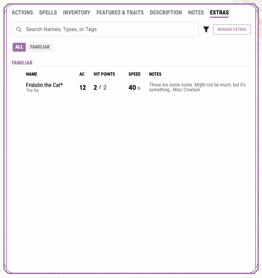 Extras Tab with some Default Notes
